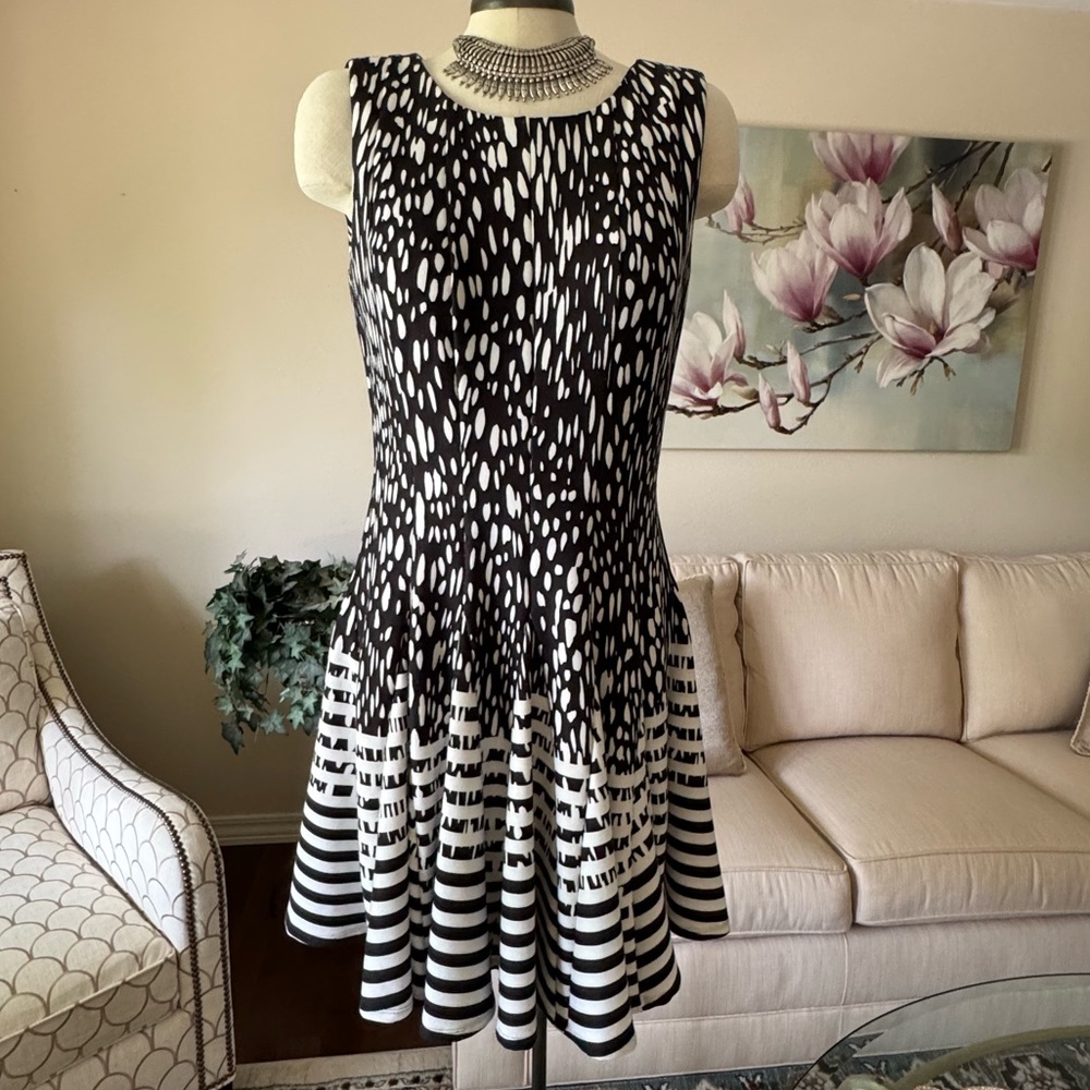 Eliza J Polka Dot And Striped Fit And Flare Dress